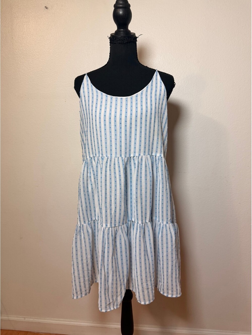 Blu Pepper Blue Striped Tiered Mini Dress L Tie Back Stain